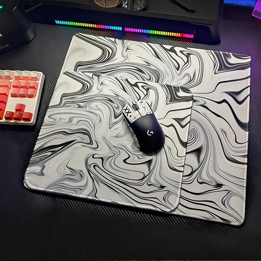 Desk Setup Black And White - Aesthetic Marble Swirl Tablecloth Gaming Mousepad
