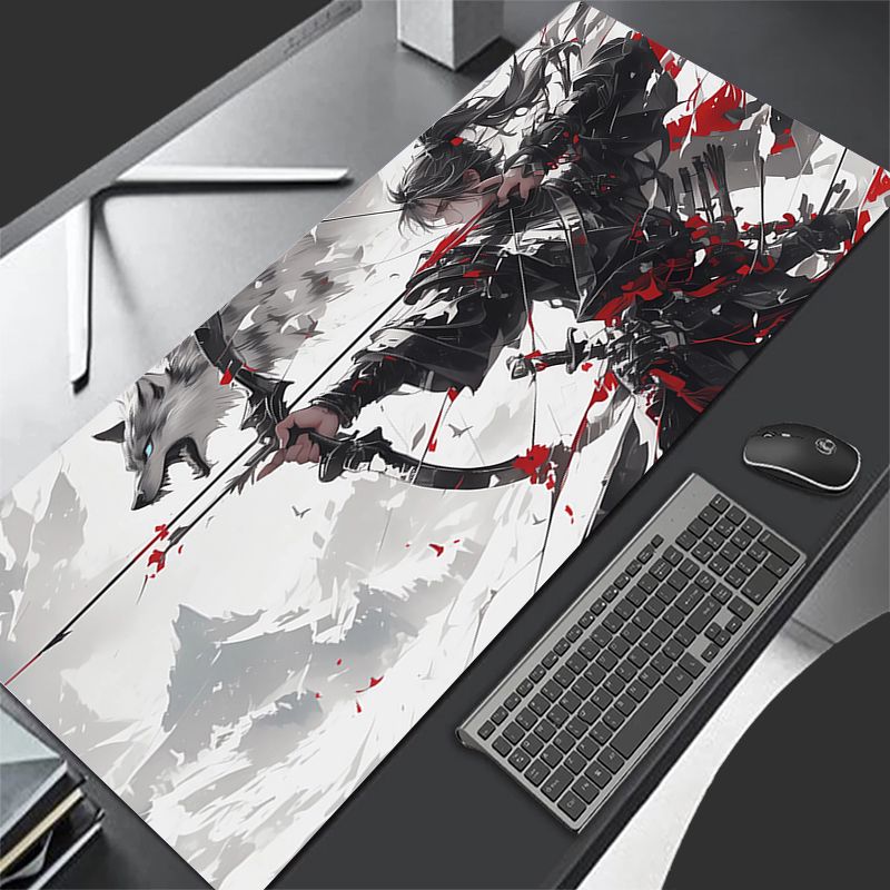 Desk Setup Red - Moon Samurai Wolf Mouse Pad PC